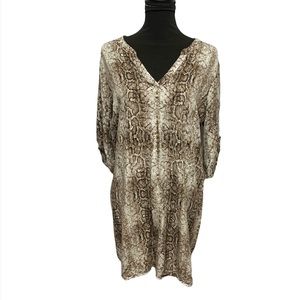 Worthington XL Tunic Top Snake Print V Neck Roll Tab Sleeve Brown